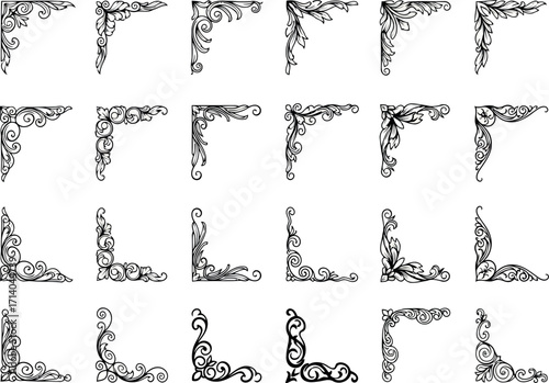 Vector art of extensive collection of black and white decorative corner elements