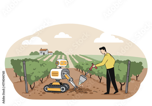A robot and a farmer collaborate in a vineyard, performing trouble-shoot analysis. Modern agricultural technology, rural setting, and a focus on innovation.
