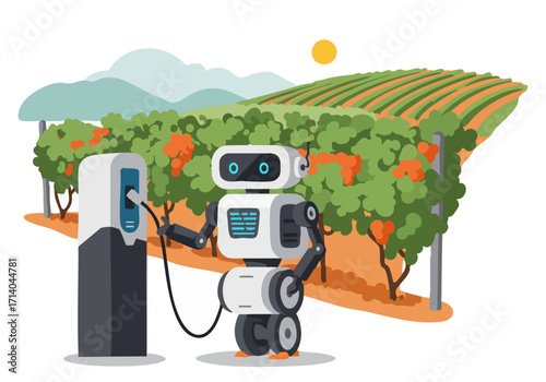 A robot charges at a vineyard, symbolizing smart agriculture. A vibrant landscape backdrop highlights technological integration in rural life. Modern, clean illustration.