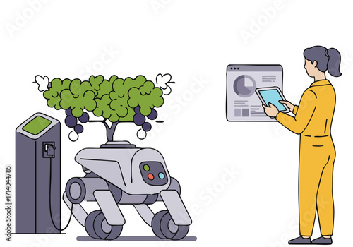 A professional woman analyzes data from a robotic plant, highlighting innovation and technology. Modern, clean design.