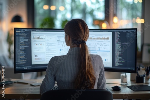Executive reviewing pdf document with audit comments and approval stamps on dual screen monitor setup highlighting project closure phase