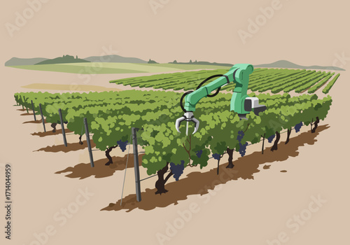 A robotic arm harvests grapes in a vineyard. Modern agricultural technology, showcasing precision pruning. Clean, vibrant, and visually appealing.