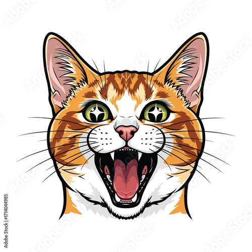 Orange Cat's Expression: A close-up illustration of a playful, orange tabby cat, vividly displaying its wide-open mouth and sparkling eyes in an engaging display of mirth and curiosity.