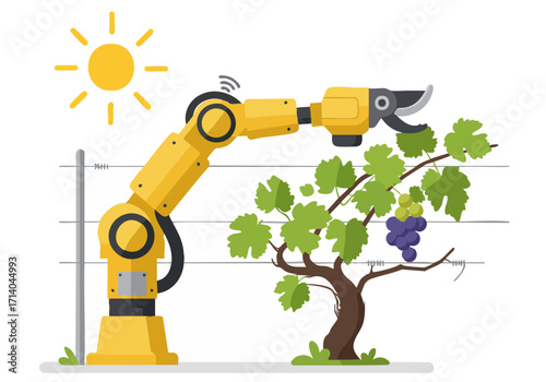 A robotic arm harvests grapes with precision, showcasing automated vineyard care. Bright sunlight highlights the green foliage and robotic technology.  ?GREEN PRUNE GLOW? branding.