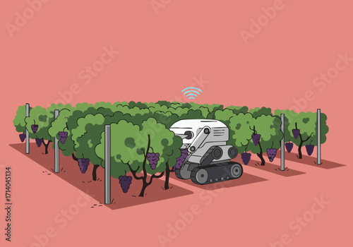 A robotic harvester efficiently picks grapes in a vineyard, connected via Wi-Fi. Modern agricultural technology in action. Clean, bright, and visually appealing.