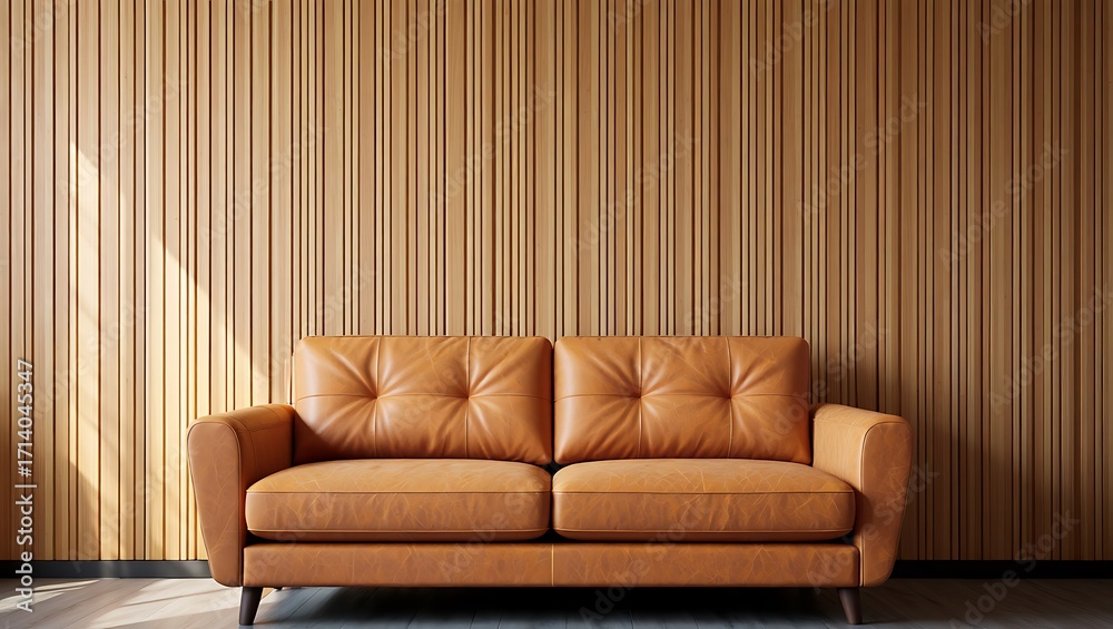 Fototapeta premium Modern orange tufted sofa against a warm wood paneled wall