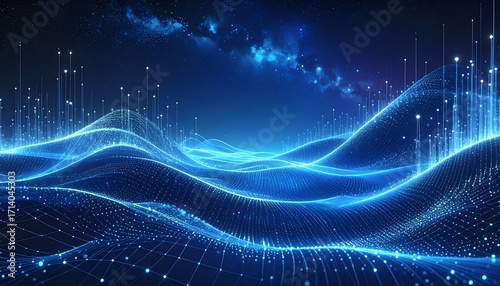 A mesmerizing digital landscape unfolds, showcasing a network of glowing blue lines and points, creating a sense of ethereal beauty and complex data visualization.