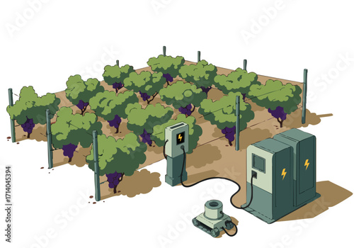 stylized vineyard scene features charging stations and a robotic device Modern graphic illustration with a vibrant color palette Ideal for tech sustainability and agricultural concepts