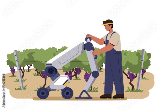 A technician adjusts a robotic arm in a vineyard. The image showcases modern agricultural technology and a rural setting. Clean, bright, and professional.