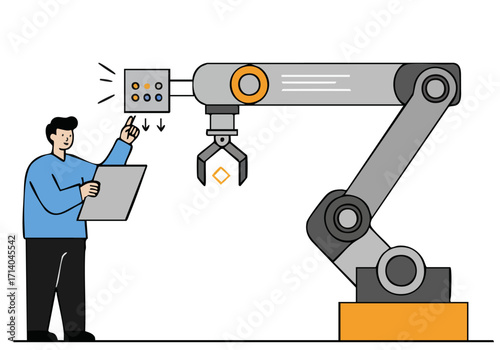A technician troubleshoots a robotic arm with a laptop. Modern industrial setting, highlighting problem-solving and technology. Clean, graphic style.