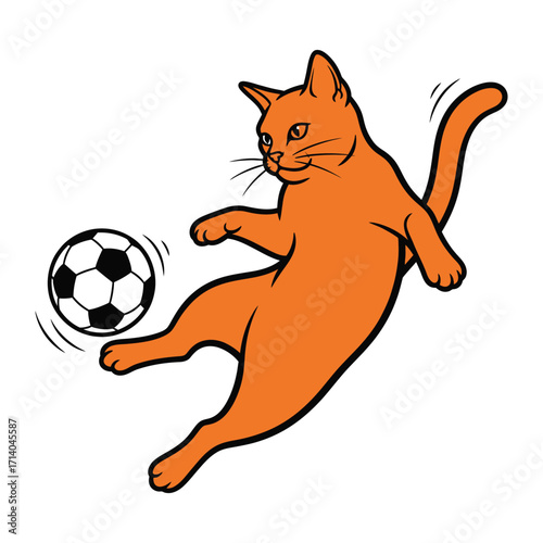 Playful Paws: An adorable orange cat playfully kicking a soccer ball, an exciting moment capturing the joy of sport and the energy of this playful feline.