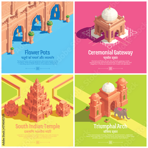 Isometric Indian Palaces and Historical Sites Square Card Set