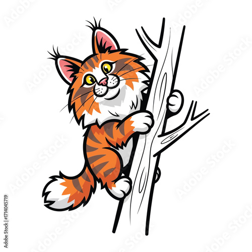 Curious Cartoon Cat Climbing a Tree: A playful, cartoonish cat, with bright orange and brown fur, confidently climbs a sturdy tree.
