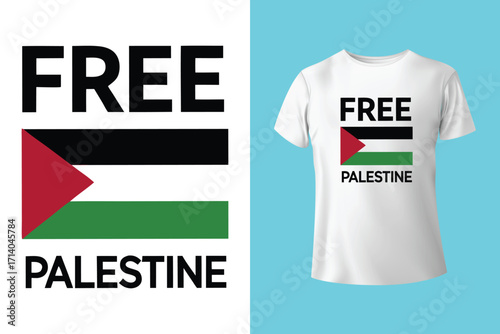 Graphic design and tshirt featuring free gaza free palestine slogan with national flag colors, promoting solidarity and awareness
