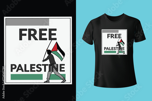 Graphic design and tshirt featuring free gaza free palestine slogan with national flag colors, promoting solidarity and awareness

