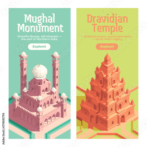 Isometric Sacred Indian Temples and Palaces Vertical Banner Collection