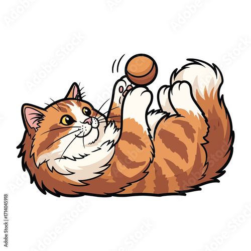Playful Feline: Charming illustration of a fluffy ginger cat delighting in a playful moment, as it interacts with a bouncing ball, exuding energy and joy.