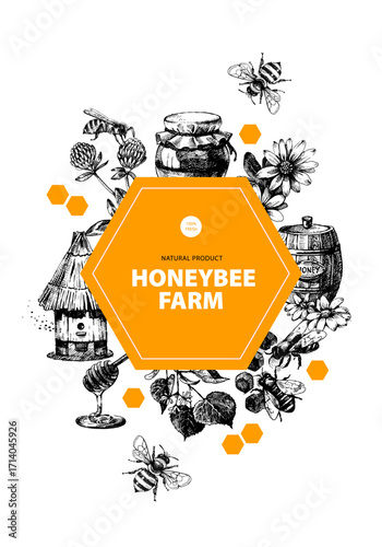 Hand drawn vintage honey banner. Hand drawn vector illustration. Packaging design