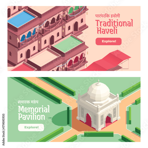 Architectural Wonders of India in Isometric Horizontal Banner Set