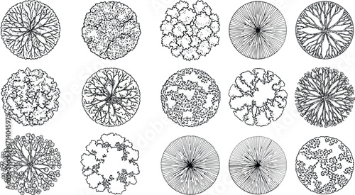 Vector art of collection of black and white tree top view illustrations