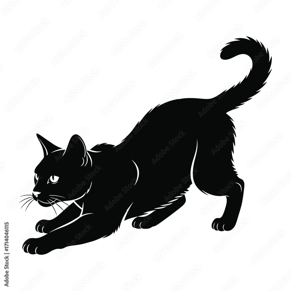 Obraz premium Mysterious Silhouette: A captivating black cat in silhouette, poised in an active stretch. Demonstrating elegance and grace, the silhouette stands in contrast with the background