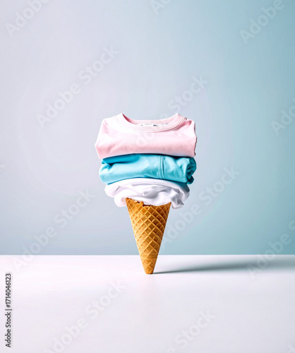 Summer clothes in pastel shades stacked on an ice cream cone, summer holidays concept
