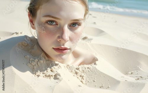 Girl on the beach immersed up to the neck in the sand, summer holiday creative composition