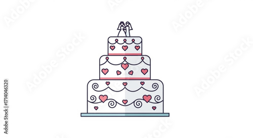Wedding cake design with lesbian couple topper and heart decorations for celebration event vector graphic