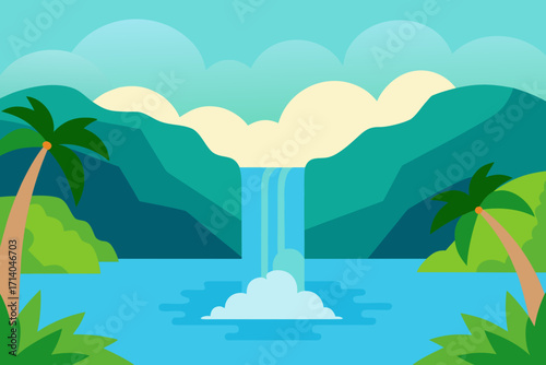 Cartoon tropical waterfall lagoon vector illustration