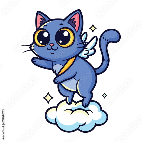 Cartoon Cat in the Sky: This whimsical illustration portrays a charming cartoon cat with big eyes, standing on a cloud in the sky. The image is filled with a sense of fantasy and magic.