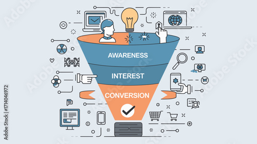 Digital marketing funnel infographic with awareness interest and conversion