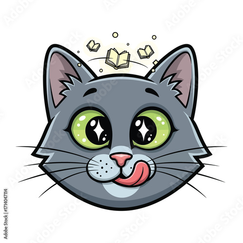 Cat's Literary Dream: An adorable cartoon cat, with wide-eyed wonder and its tongue playfully licking its lips, has an aura of open books above its head, visualizing knowledge and literary curiosity