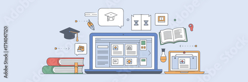 Vector e-learning infographic with course platform and icons – Suitable for online training, study guides, or educational resources