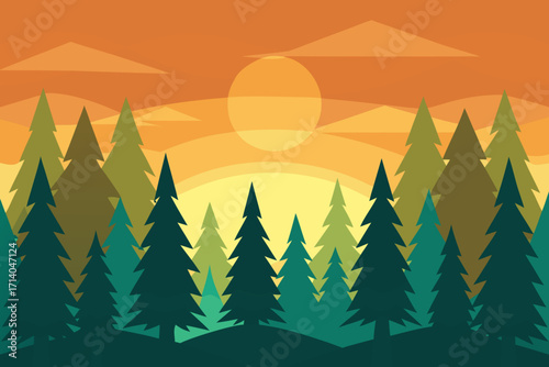 Cartoon pine forest sunrise vector illustration