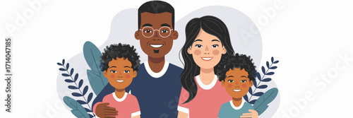Vector cartoon family portrait with interracial parents and kids – Ideal for diversity education, parenting visuals, or lifestyle branding