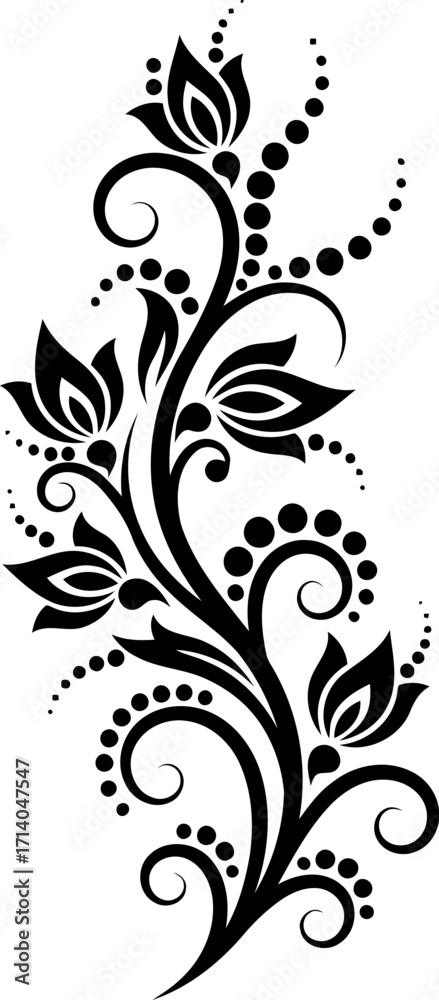 Obraz premium Vector art of black floral vine with leaves and dots