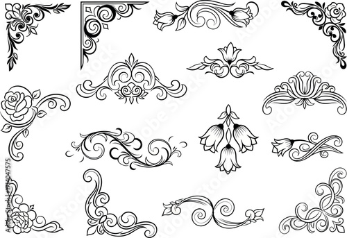Vector art of assortment of black and white ornamental flourishes and corner designs isolated on white