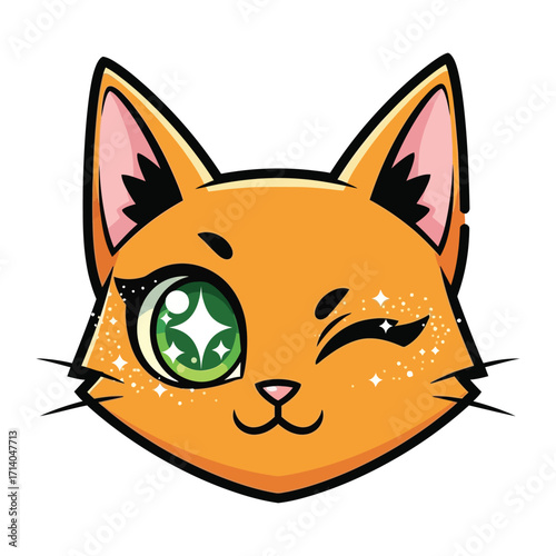 Enchanting Cat Portrait: This adorable illustration of a cute cat with sparkling green eye ,winking and expressing a playful demeanor.