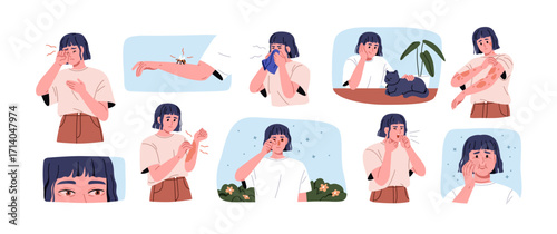 Allergy symptoms set. Allergic disease reactions. Rash, itch on skin, sneeze, cough, edema, sick eyes from allergens, pollen, insect bite, cat. Flat vector illustration isolated on white background.