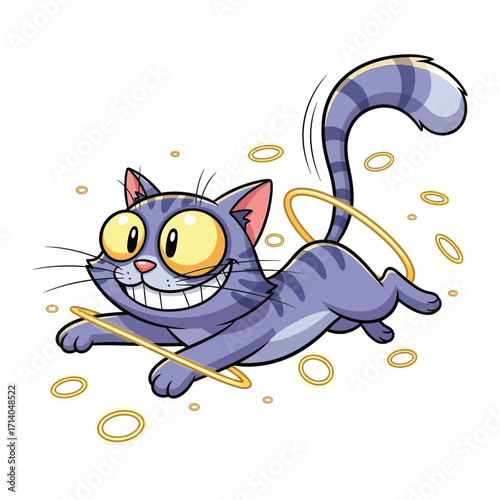 Playful Feline's Whimsical Escapade: An adorable, cartoonish cat with a mischievous grin leaps and plays amid a halo of golden rings, inviting fun and fantasy.