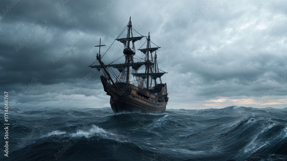 Obraz premium Stormy ocean with a pirate ship battling fierce waves under dark clouds