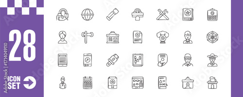 Collection of 28 business icons featuring office supplies, communication tools, and professional symbols for corporate environments and management in a modern style