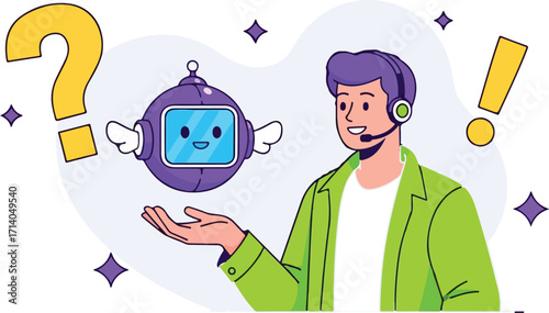 Man with robot assistant isolated on white background, customer service support