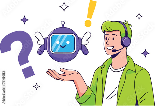 Customer service agent with a robot assistant isolated on white background