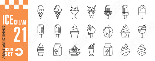 Ice cream icon set collection of 21 different ice cream icons in outline style vector illustration of ice cream cone, sundae, popsicle, and more