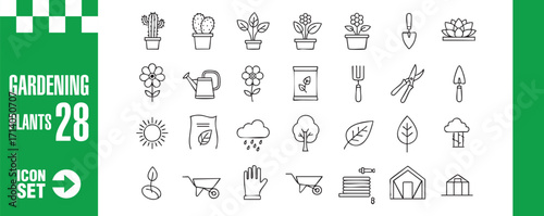 Gardening icon set collection of 28 different gardening and plants related icons in outline style vector illustration of flower, tool, and equipment