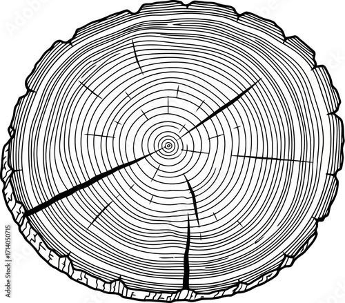 Vector art of closeup of a tree trunk crosssection showing growth rings and cracks