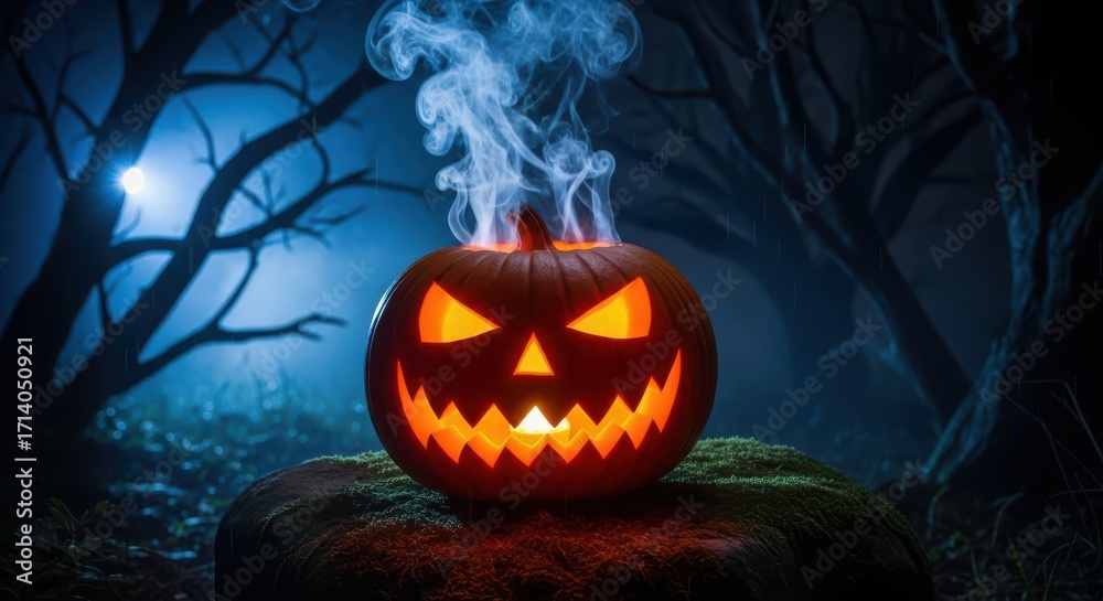Naklejka premium Spooky Jack O Lantern Glowing in the Dark Forest on Halloween Night
