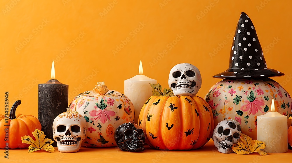 Fototapeta premium Cheerful spooky pumpkins with skulls, candles, witch hat on orange