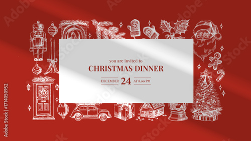 Christmas frame with hand drawn holiday elements. Festive mood, elegant vintage design. Vector sketch illustration.